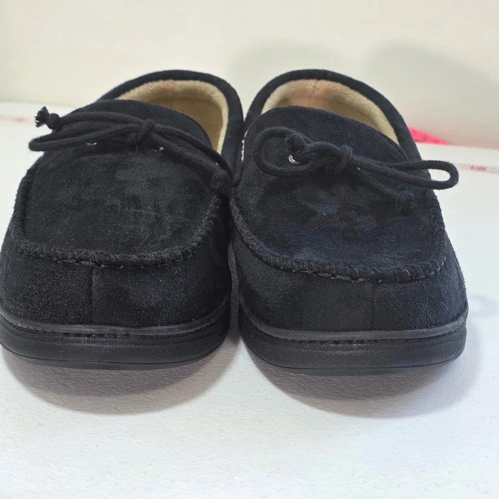 Isotoner Mens Microsuede Moccasin Slippers Black Faux Fur Lined 98024 Sz LG 10